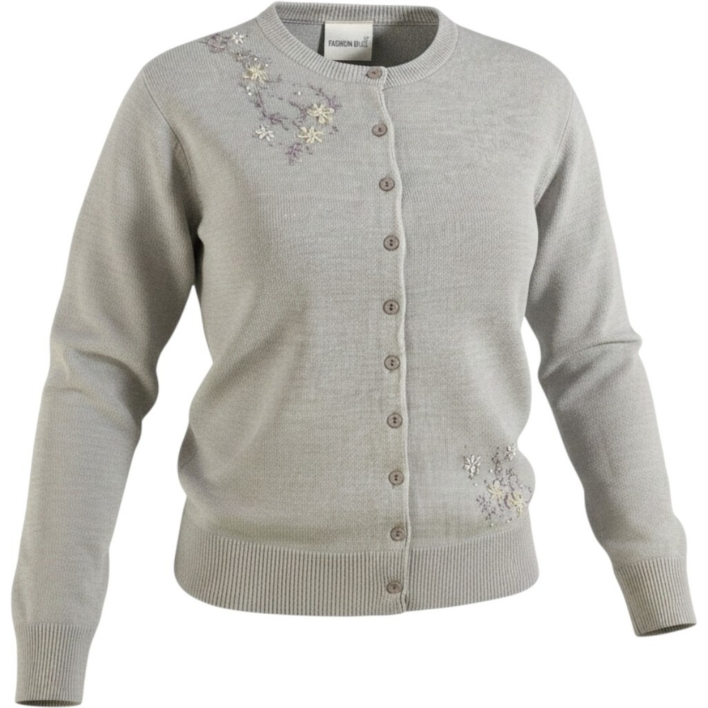 Fashion Bug Womens XL Gray Embroidered Floral Button‎ Up Cardigan Sweater